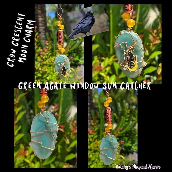 Green Agate Gemstone Beaded Crow Charm Window Sun Catcher - Picture 1 of 3